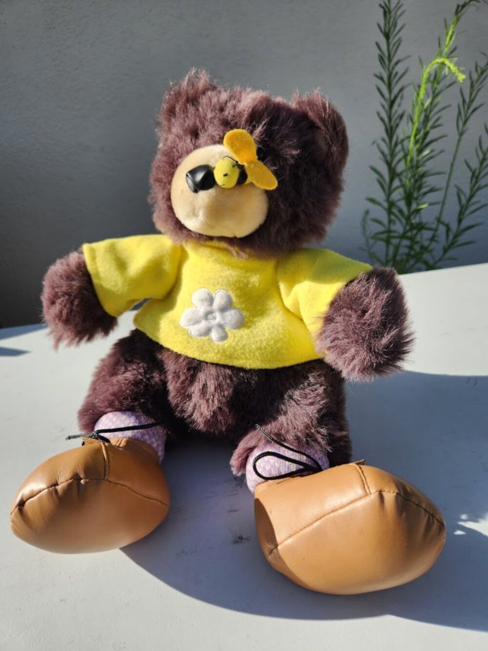Vintage Plush Brown Teddy Bear With Yellow Sweater and Bee on nose with shoes  G